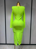 Women Sexy Long Sleeve Square Collar Fluorescent Green Midi Bodycon Bandage Dress Elegant Evening Birthday Party Dresses