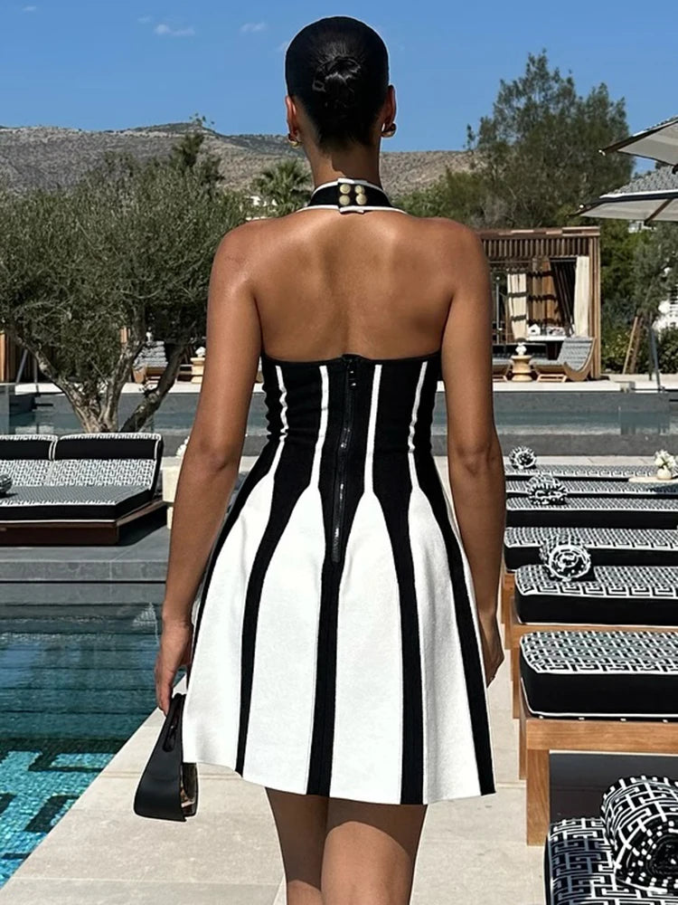 Jacquard Halter Short Dress Black and White Vertical Stripes Sleeveless Hanging Neck Pleated Knit Mini Lengh Cocktail Party D