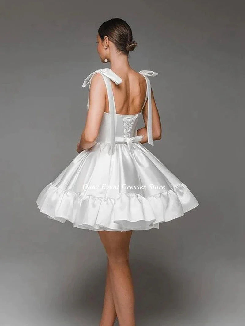 Biała suknia ślubna Paski spaghetti Bow Bride sukienka krótka sukienka małżeńska koronkowa sukienka na imprezę vestido de noiva