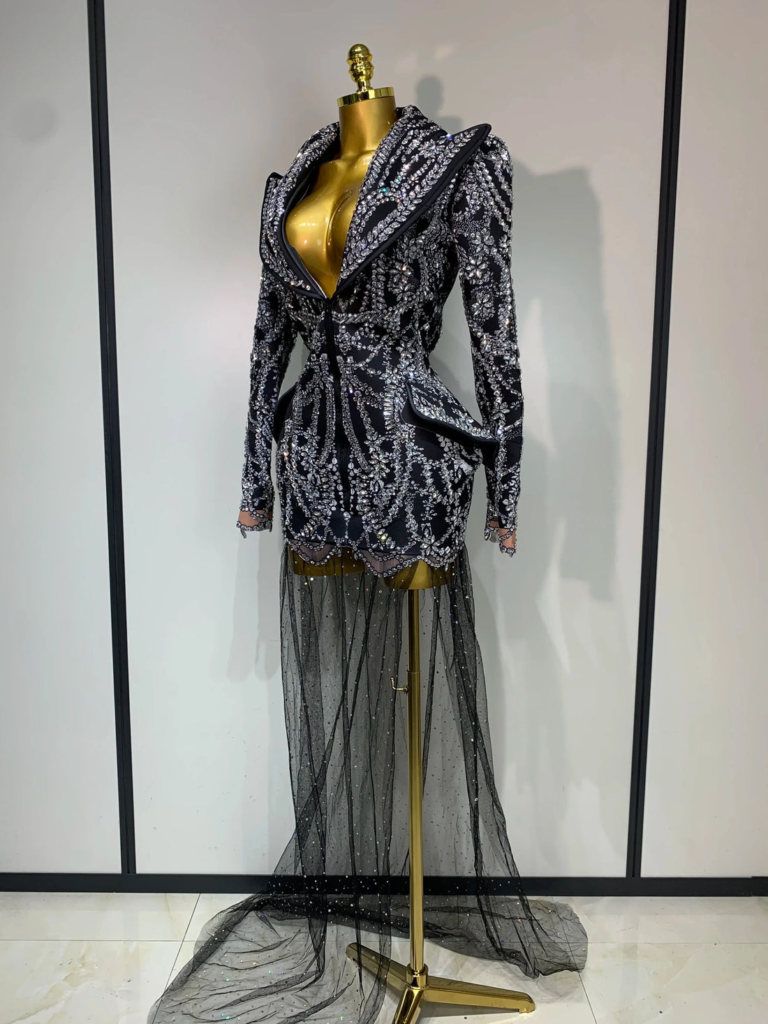 Luxury Nightclub Evening Birthday Dresses Stage Perform Outfit Sparkly Rhinestone Women's Elegant Party Sexy Dress black