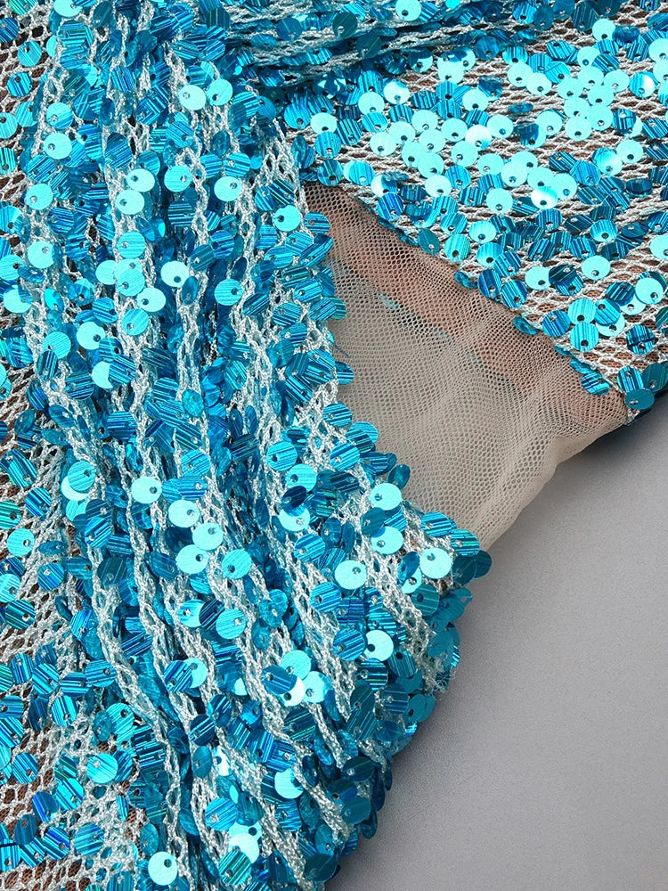 Blue Long Mermaid Party Dress Sequins Beaded Deep V Neck Plunge Halter Cut out Bodycon Cocktail Party Evening Gowns