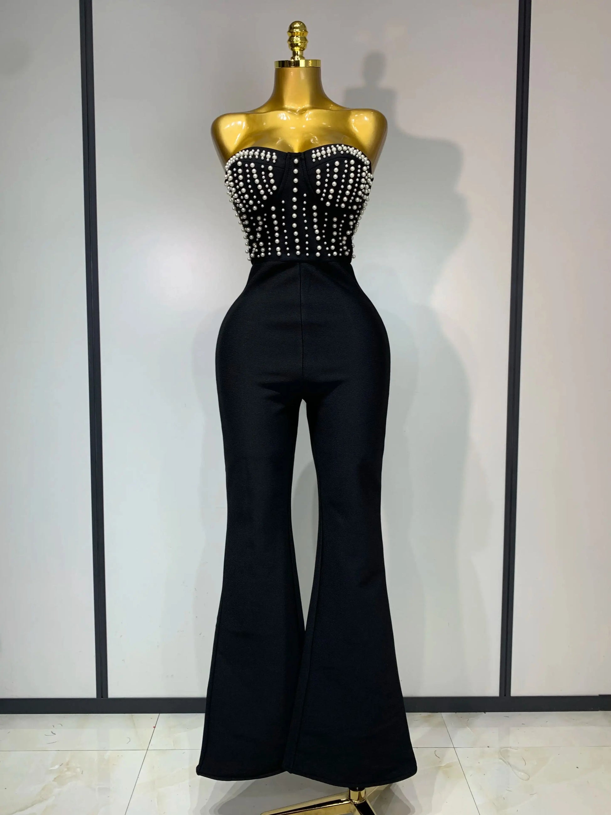 Women Sexy Black Sleeveless Backless Pearls Beaded StraplessBeading Bodycon Bandage Jumpsuit Evening Party Birthday Club Outfit black