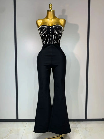 Women Sexy Black Sleeveless Backless Pearls Beaded StraplessBeading Bodycon Bandage Jumpsuit Evening Party Birthday Club Outfit black