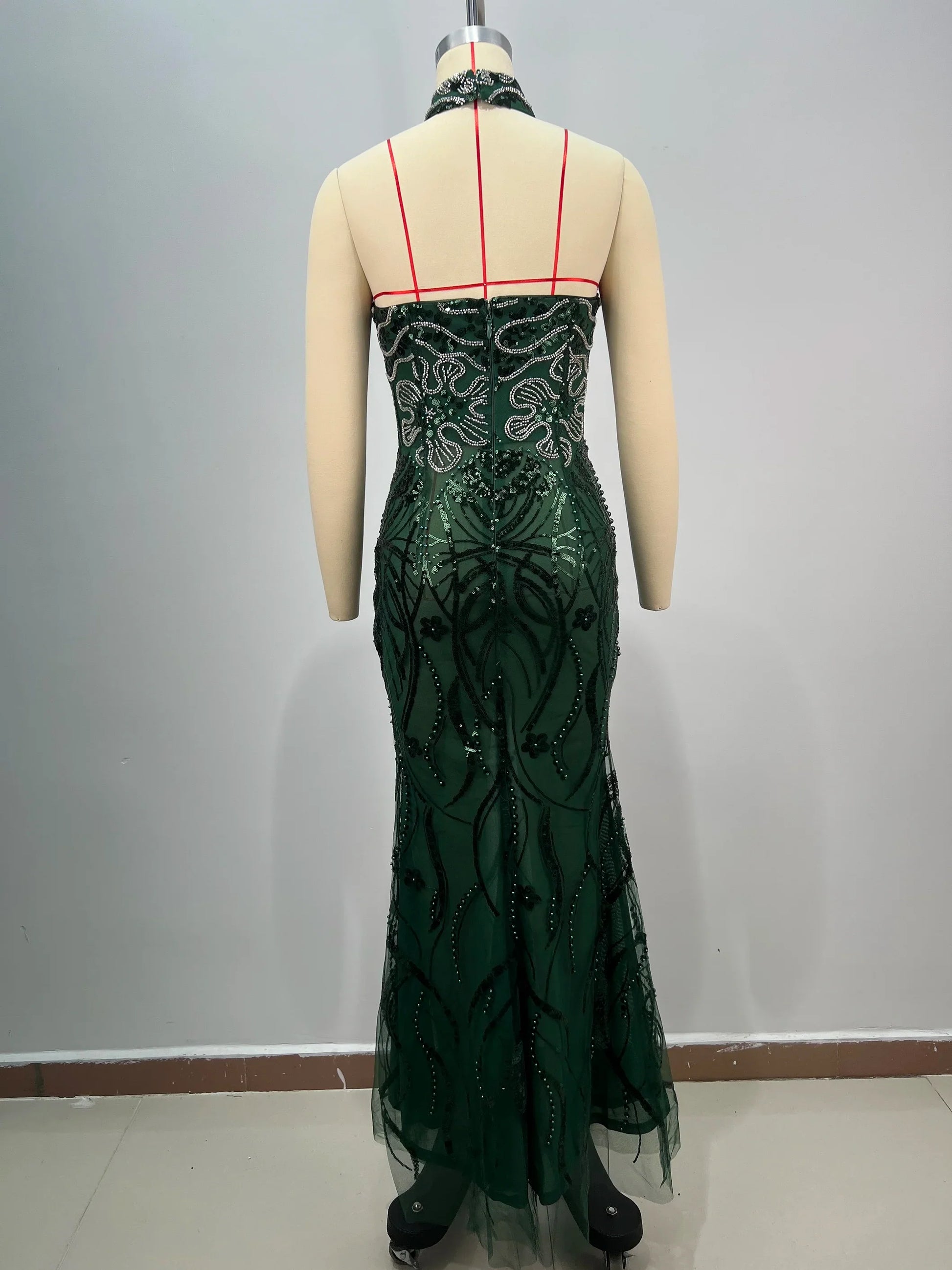 Dark Green Shining Sequin Neck Chain Strapless Ankle Length Dress Woman Cocktail Party Dress Celebrity Birthday Party Vestido