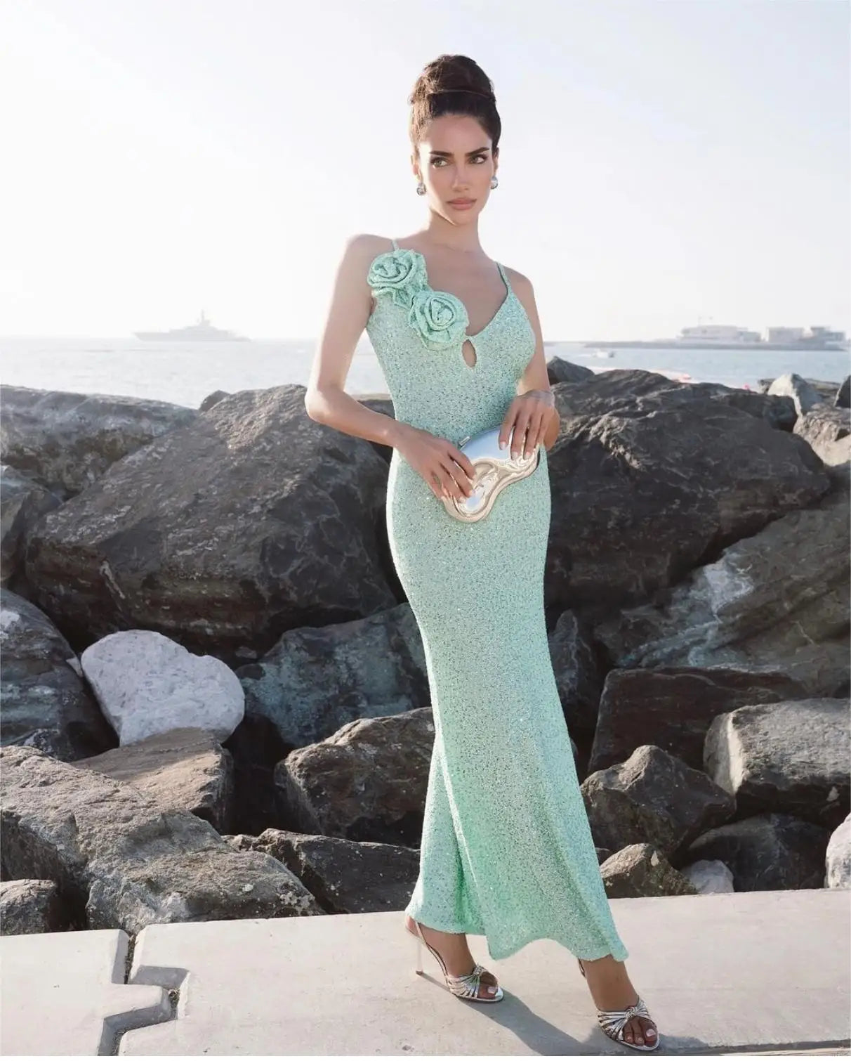 Summer Mint Green Sequins Spaghetti Strap Ankle Length Dress Graceful Woman Evening Party Dress Holiday Vocation Outfit