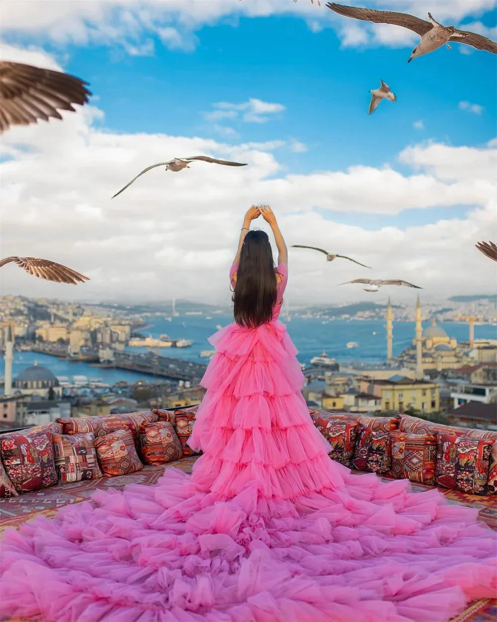 Rose Pink Off Shoulder Long Train Prom Dress High-low Ball Gown Vestidos De Fiesta Elegant Multilayer Party Dress as pic