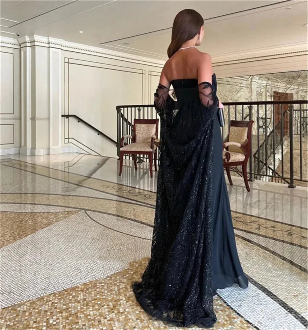 Black Chiffon Prom Dress Sexy Strapless Evening Dress Sequins Cape Floor Lengths فستان سهرة Elegant Mermaid Party Dresses Black