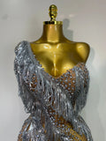 Sparkly Rhinestone Tassel Mesh Dress Nightclub Dance Stage Performance Costume Evening Party One shoulder Nigtclub Mini Dress