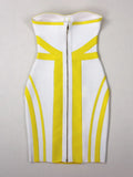 Sexy Women'S Yellow Striped Patchwork White Bandage Dress Strapless Sleeveless Backless Bodycon Mini Dresses Party Vestidos