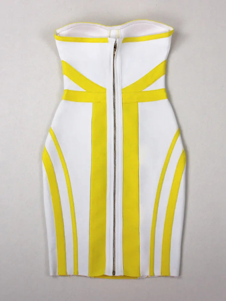Sexy Women'S Yellow Striped Patchwork White Bandage Dress Strapless Sleeveless Backless Bodycon Mini Dresses Party Vestidos