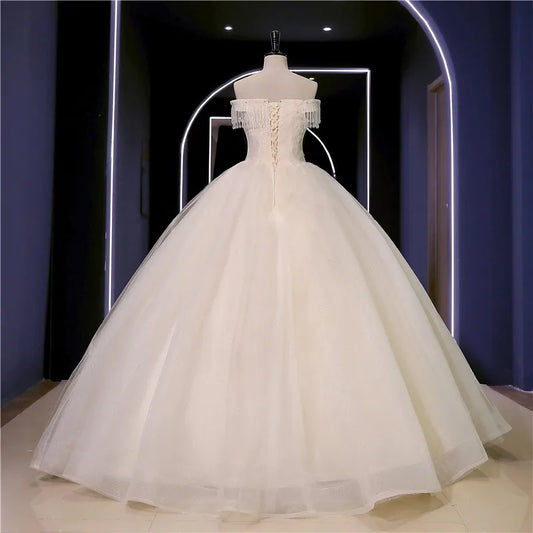 Abiti da sposa Nuovo perline di lusso Vestido de Noiva Abito da ballo fotografico da spalla personalizza Robe de Mariee