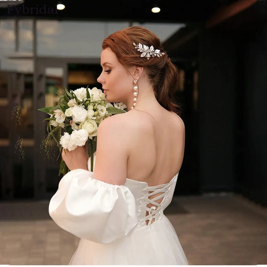 Newest Princess Short Wedding Dress Strapless Detachable Sleeves Lace Up Back Tulle Bridal Gowns Robe De MarieeVestidos De Novia