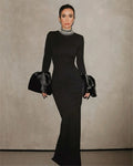 Shining Diamonds Neck Flare Sleeve Black Long Bandage Dress Elegant Woman Evening Party Dress Cocktail Party Outfit
