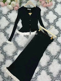 Knitted Long Skirt Set Long sleeved Wooden Ear Edge Single breasted Cardigan Knitted Coat+High Waist Skirt Two piece Set black