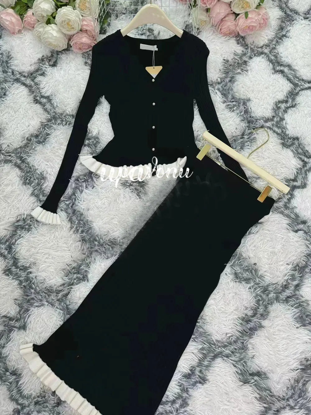 Knitted Long Skirt Set Long sleeved Wooden Ear Edge Single breasted Cardigan Knitted Coat+High Waist Skirt Two piece Set black