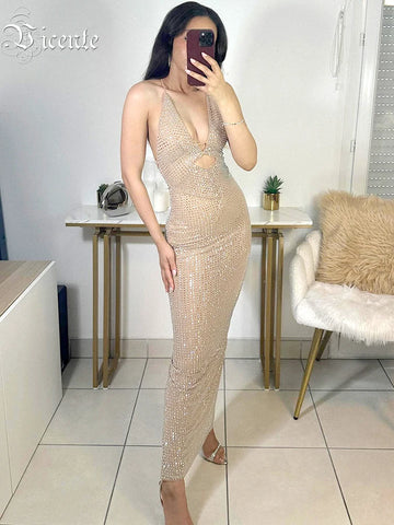 Luxury Sparkle Crystal Straps V-Neck Hollow Out Bodycon Rhinestone Party Dresses Birthday Evening Prom Maxi Dress