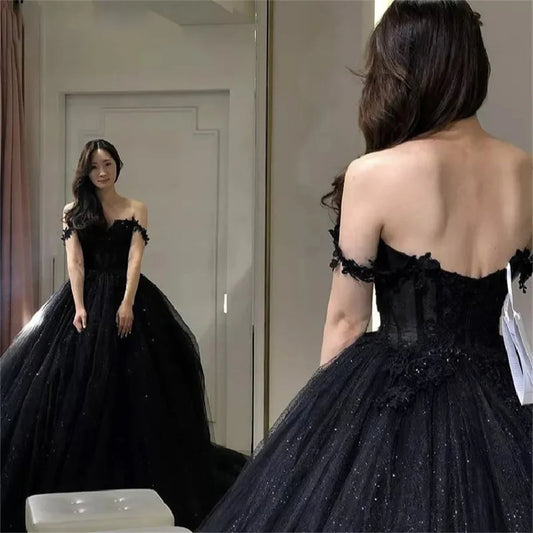 Black Prom Dresses Ball Gown Tulle فساتين السهرة Elegant Sleeveless Heart Shaped Neck Shiny Sequins Vestidos De Noche 2024