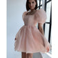 Pink Prom Dresses OrganzaShort Black Cap Short Sleeves Square Neck Ball Gown Formal Party Graduation Evening Gowns Simple