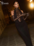 Glamorous Black Halter Dress with Lace Details Gloves for Fashion Events Party Evening Gown