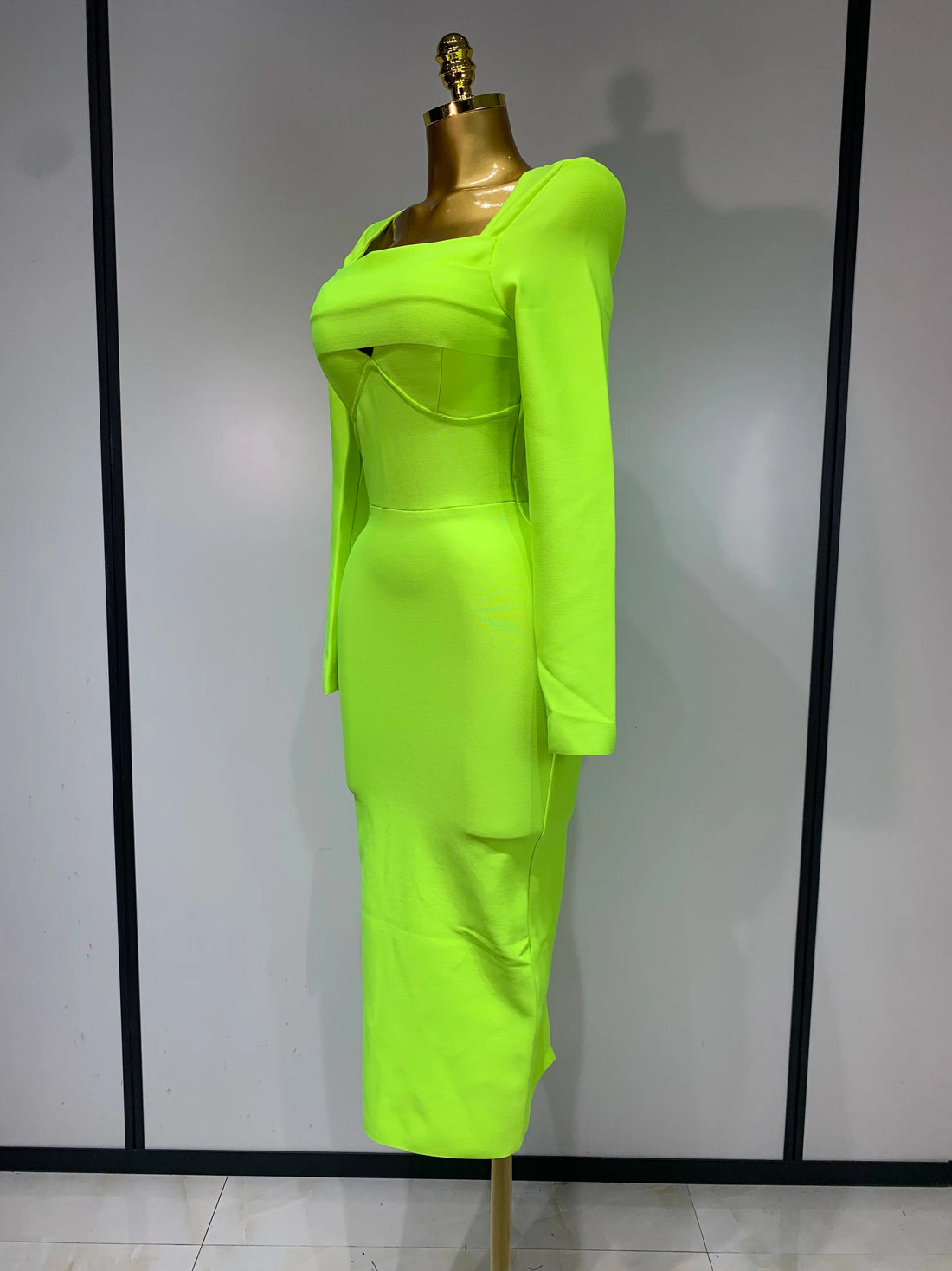 Women Sexy Long Sleeve Square Collar Fluorescent Green Midi Bodycon Bandage Dress Elegant Evening Birthday Party Dresses Fluorescent Green