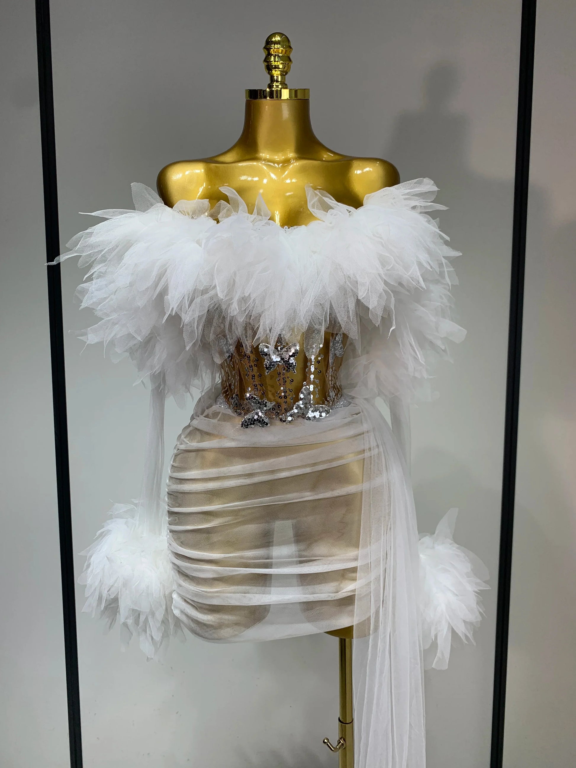 Women Sexy Backless Mesh Transparent Three Pieces Set Performance Dance Costume Nightclub Birthday Photo Shoot Stage Outfit WHITE