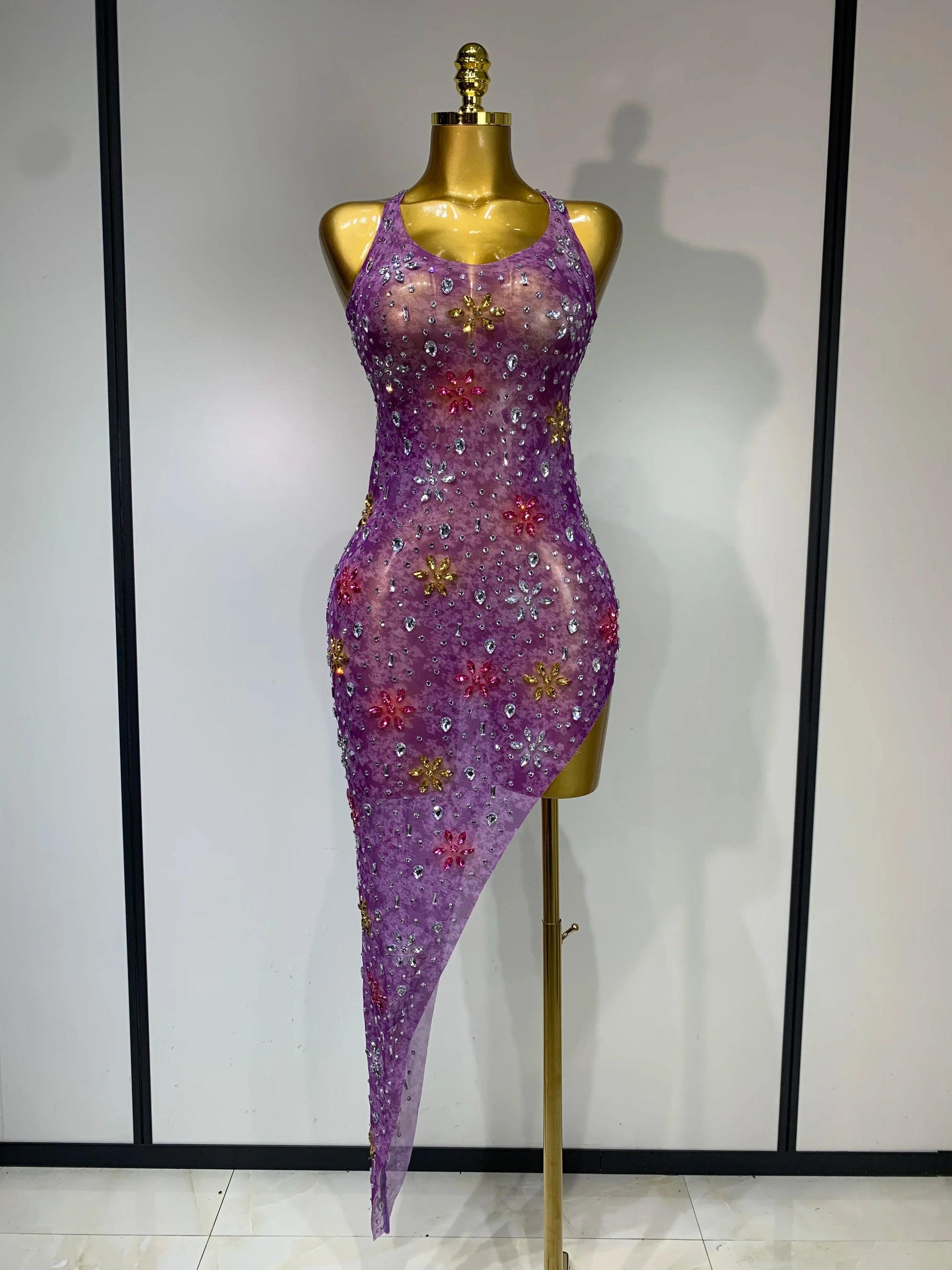 Women Sexy Mesh See Through Stretchy Sparkly Rhinestone Performance Costume Stage Dancer Nightclub Party Luxury Birthday Dress PURPLE