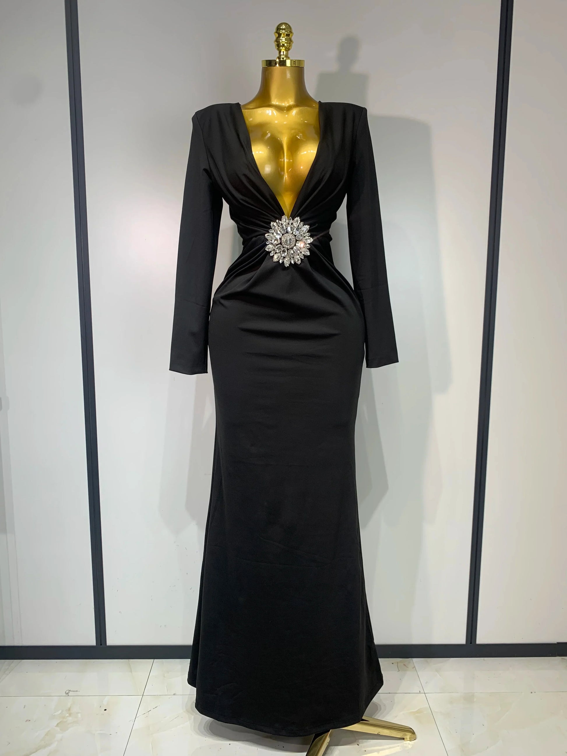 Women Long Sleeve Deep V-Neck Bodycon Long Dress Elegant Evening Party Club Celebrate Cocktail Outfit Luxuru Birthday Dress black
