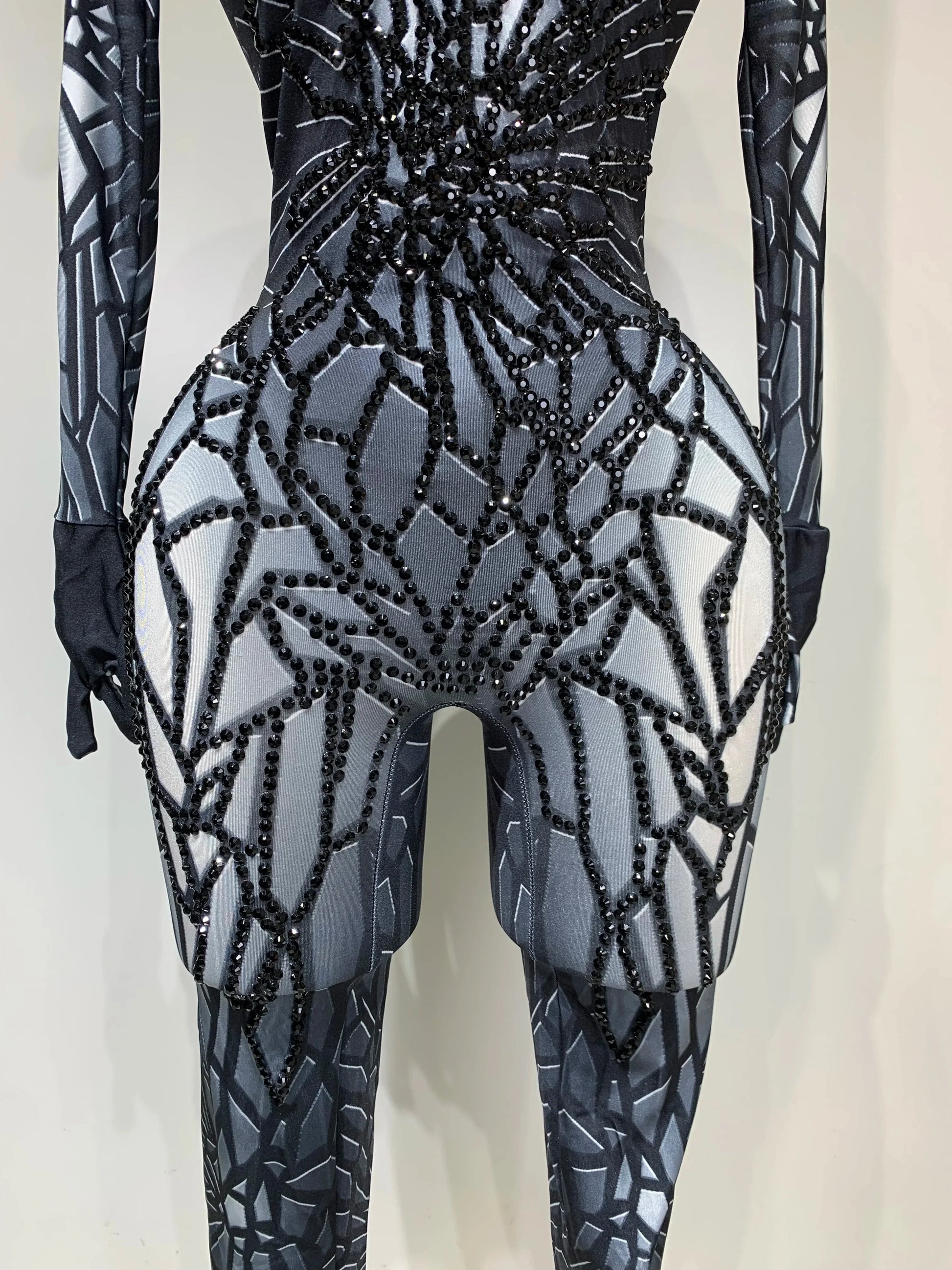 Women Sexy Black Rhinestone Stretch Bodycon Jumpsuit Club Evening Party Birthday Wear Singer Dancer Stage Perform Costume