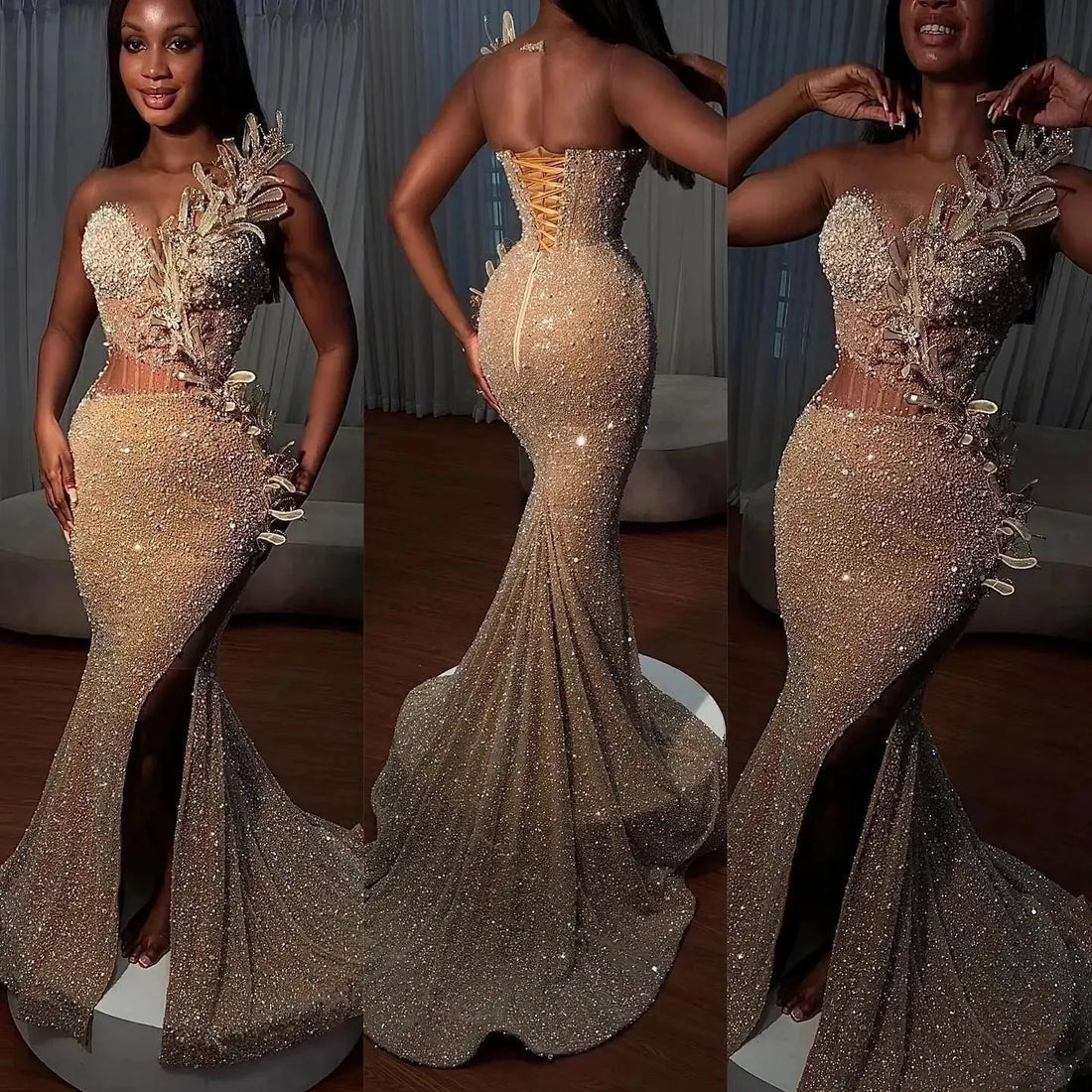Sparkly Beaded Floral Mermaid Prom Dress Dubai Arabic Formal Party Dresses Sexy High Slit Sequin Beaded Shiny Evening Dress as picture color