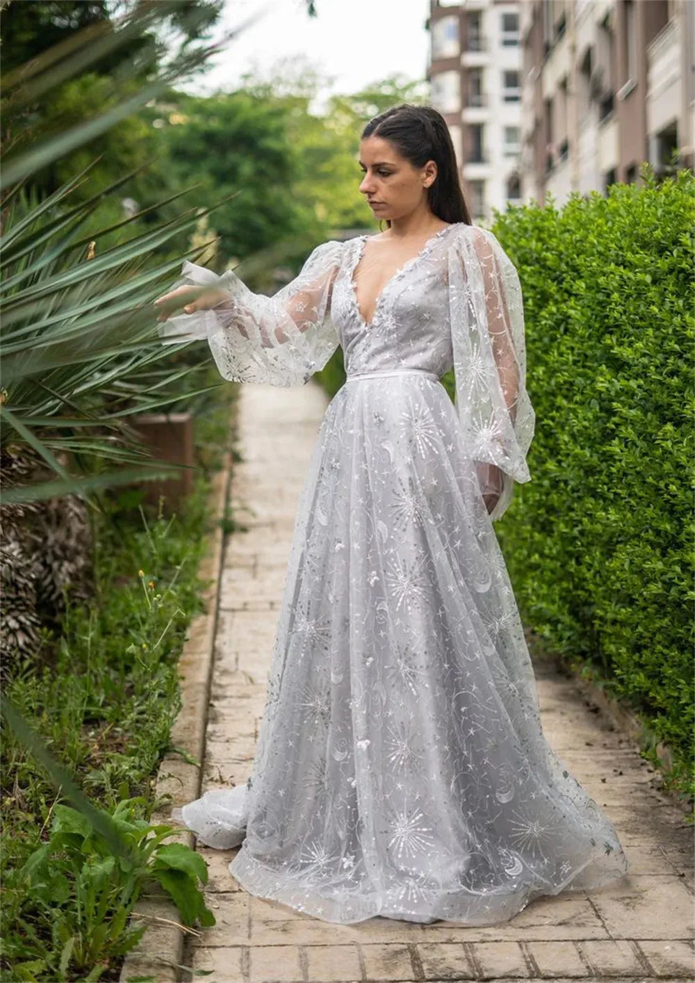 Lace Appliques Prom Dresses V-neck Tulle فساتين السهرة Elegant Long Puffy Sleeves Floor-Length vestidos verano moda as pic