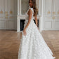 White 3D Flower Prom Dresses Lace-up Back A-line vestidos de noche Elegant Sleeveless Side High Split Formal Evening