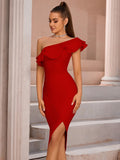 Bandage Elegant Women's Dresses for Party Bodycon Evening Night Club Cloth Cocktail One Shoulder Modest Knee Length Sleeveless Red