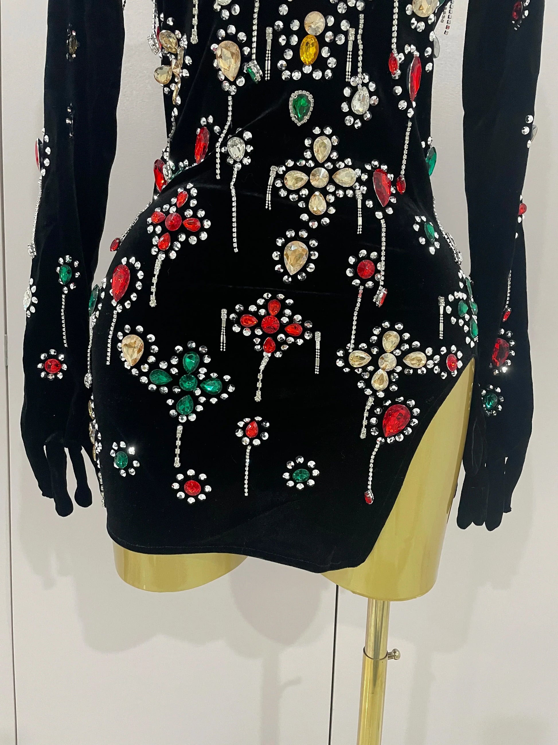 Sexy Sparkle Multicolor Rhinestones Black Velvet Gloves Slit Short Dress Women Evening Birthday Party Club Stage Costume