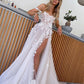 Vestido de noiva boêmio Vestido de noiva Divisão Dividir o comprimento do piso para mulheres vestidos de noiva 3D Flores do ombro de Mariee