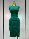 Luxury Birthday Dress Sexy O Neck Sleeveless Hollow Out Fringe Dress Women Green Slim Dresses Elegant Evening Party Club Gowns green