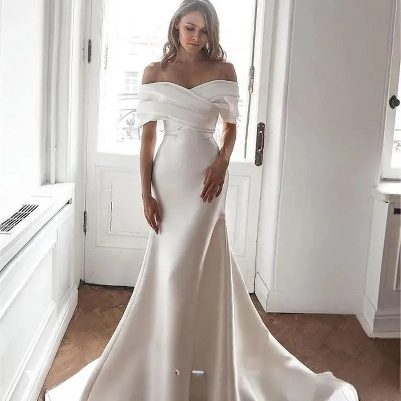 Charming Off-the-Shoulder Satin Mermaid Wedding Dresses Mermaid Sleeves Court Train Customize To Measures Robe De Mariee 14w Satin