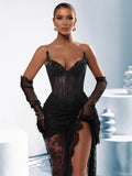 Strapless Backless Lace Split Black Mesh Maxi Long Bodycon Dress Elegant Cocktail Party Evening Gowns Vestido