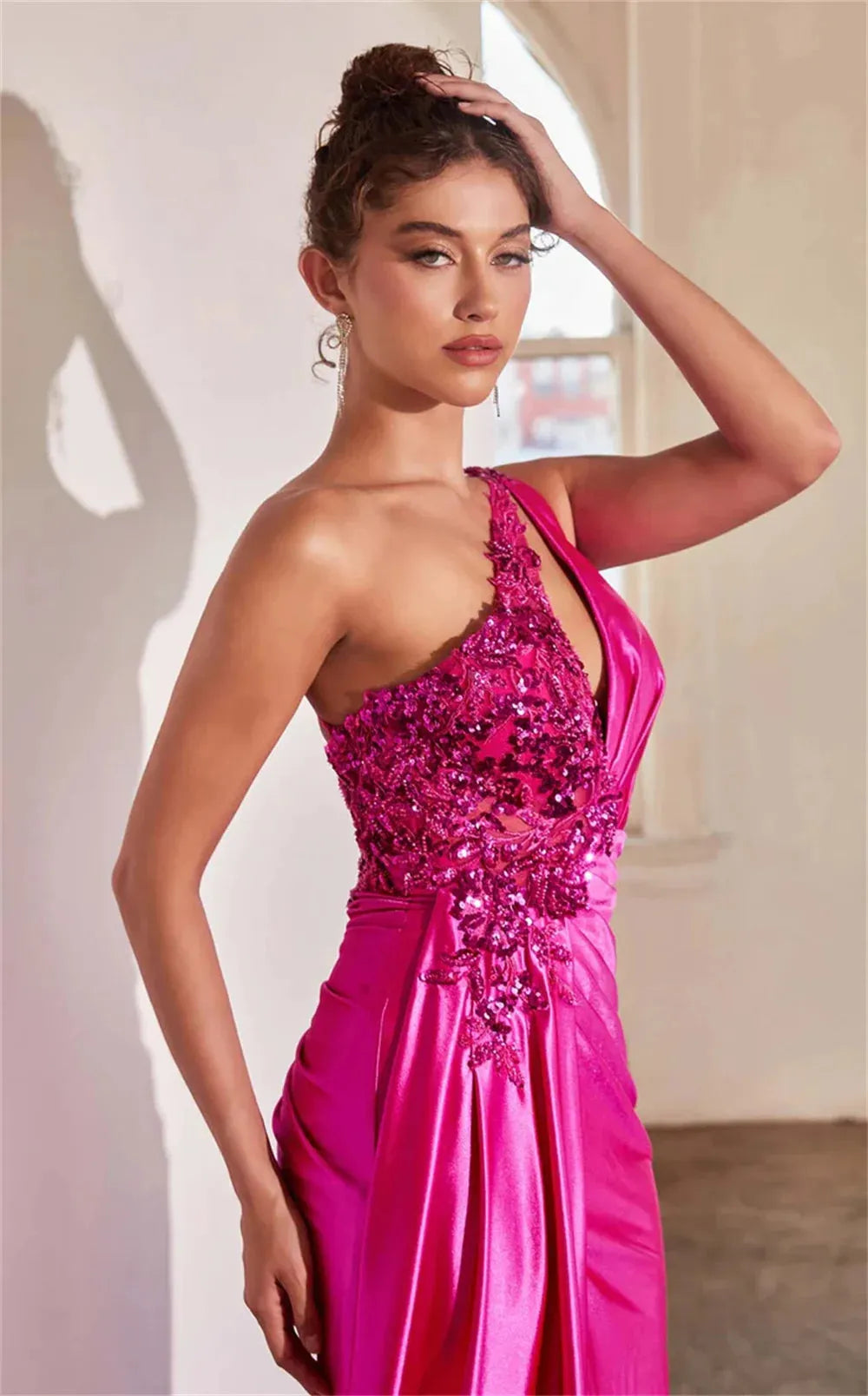 Lace Appliques Prom Dressess One Shoulder Mermaid Satin Vestidos De Noche Sexy Sleeveless Sexy Side Split Cocktail Party