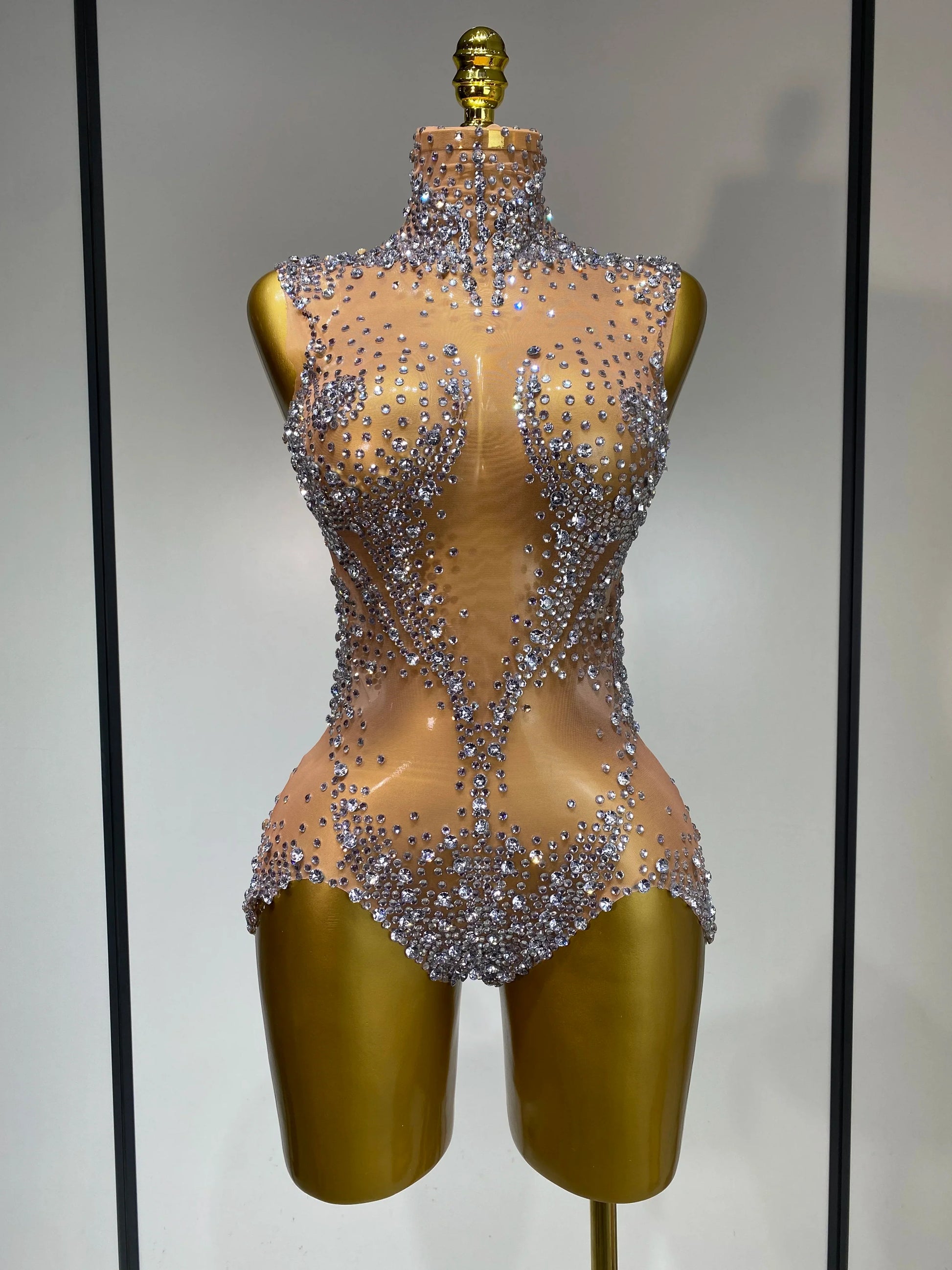 Women Sexy See Through Crystal Bodysuits Luxury Birthday Dancer Stage Performance Wear Mesh Sparkly Rhinestone Nightclub Outfit sliver