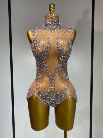 Women Sexy See Through Crystal Bodysuits Luxury Birthday Dancer Stage Performance Wear Mesh Sparkly Rhinestone Nightclub Outfit sliver