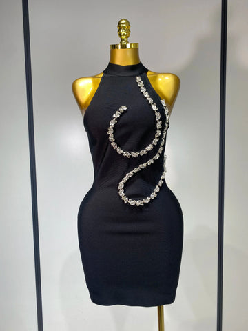 Women Sexy High Neck Shinning Crystal Bodycon Mini Bandage Dress Nightclub Party Luxury Birthday Elegant Celebrity Evening Dress black