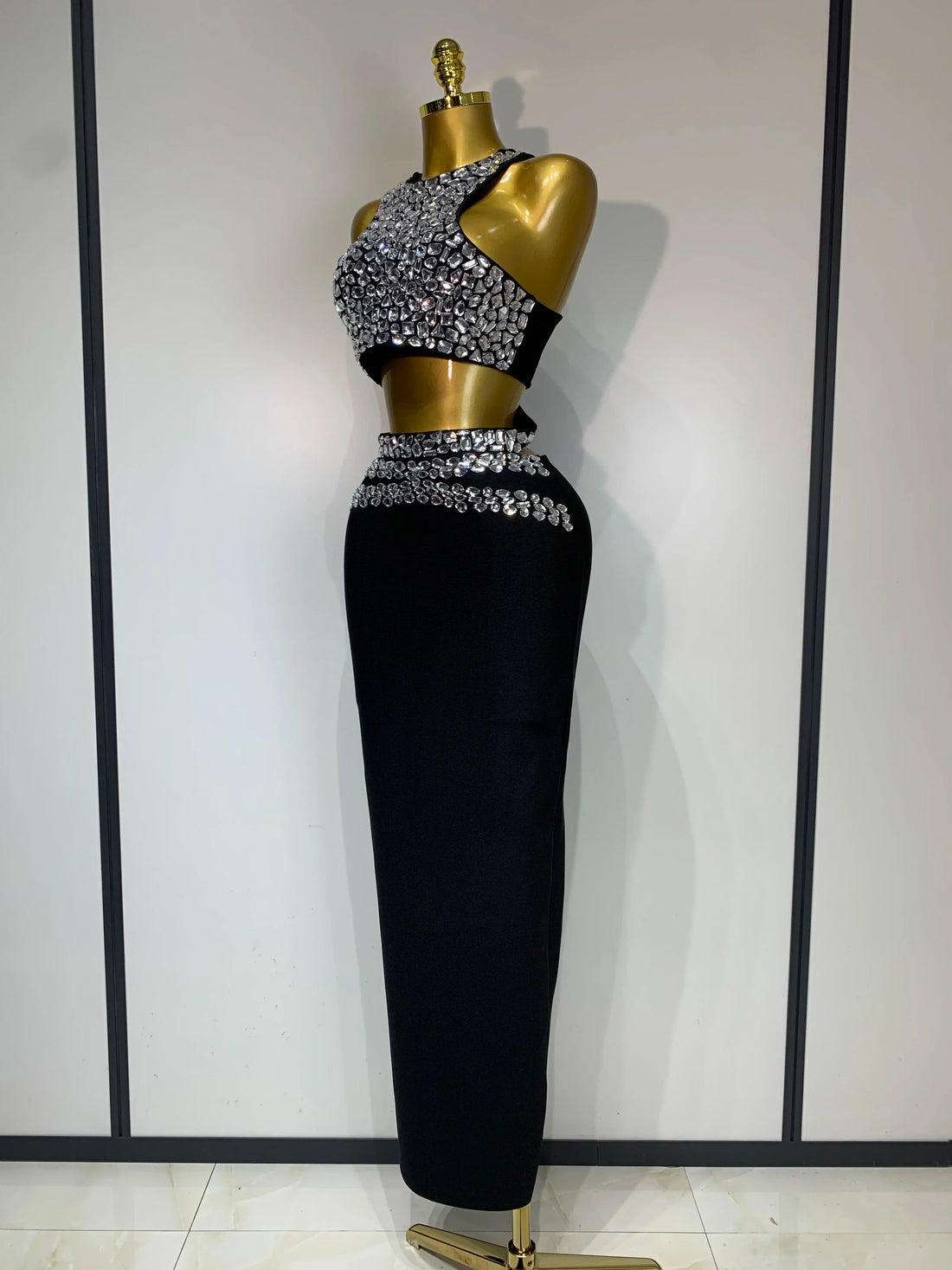 Sparkly Crystal Bodycon Long Bandage Dress Women Sexy Top Two Pieces Set Nightclub Elegant Party Birthday Stage Costume black