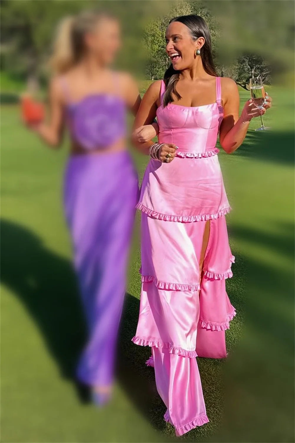 Vestidos de graduación de satén rosa bebé, vestidos de noche hasta el tobillo con tirantes finos, elegantes sin mangas, abertura lateral, noche Formal