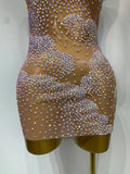 Women Sexy Mesh See Through Mini Dress Celebrate Birthday Evening Party Dress Luxury Rhinestones Stage Performance Costume