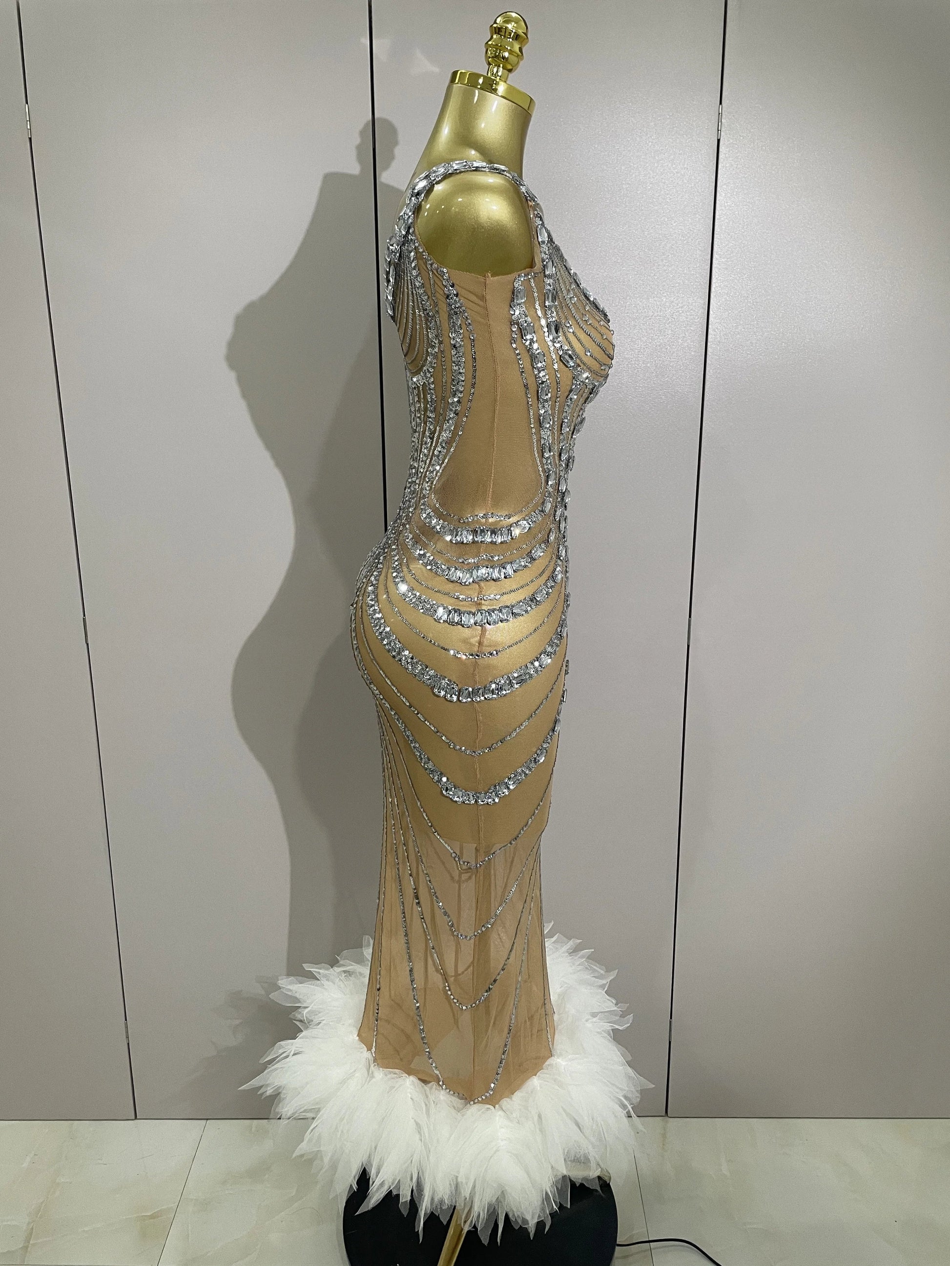 Luxury Sexy Silver Rhinestone Mesh See Through Long Dress Women Birthday Party Prom Gown Singer Nightclub Stage Costume