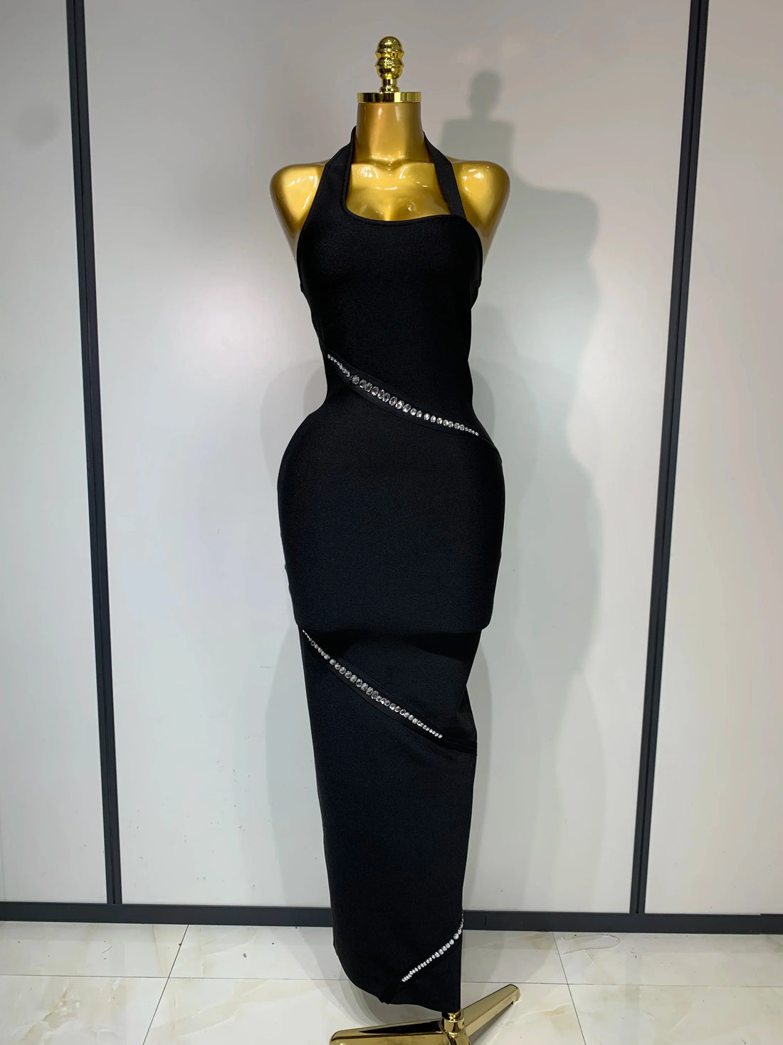 Women Celebrity Sexy Backless Halter Black Crystals Bandage Dress Knitted Elegant Evening Club Party Luxury Birthday Dress black