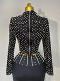 Women Long Sleeve Black Mesh Studded Dianonds Crystal Pearl Two Pieces Bandage Set Celebrity Sexy Evening Party Birthday Gown