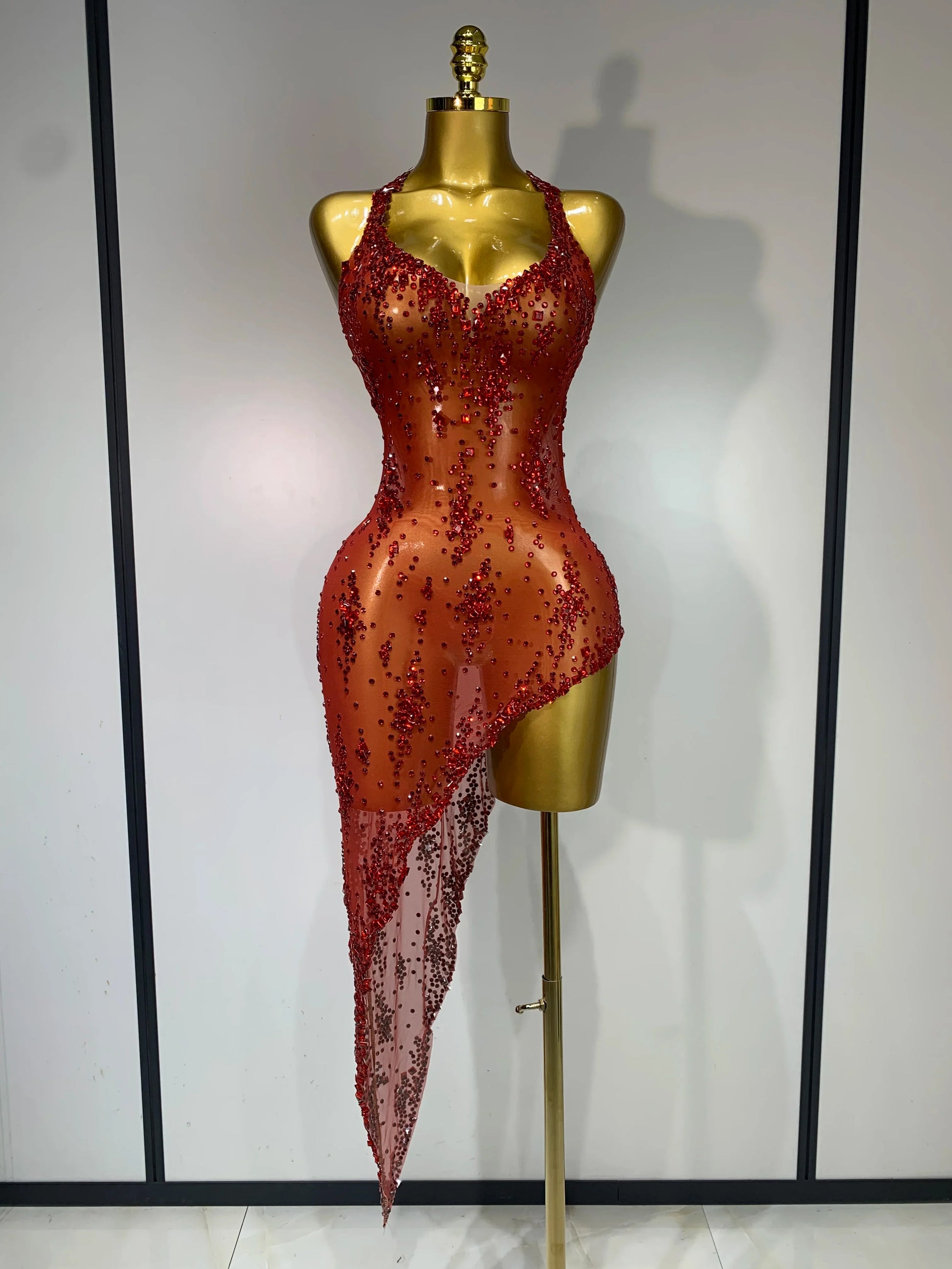 Women Sexy Luxury Birthday Prom Gowns Sparkly Diamond See Through Mesh Stretch Asymmetrical Dress Celebrity Elegant Stage Outfit Red