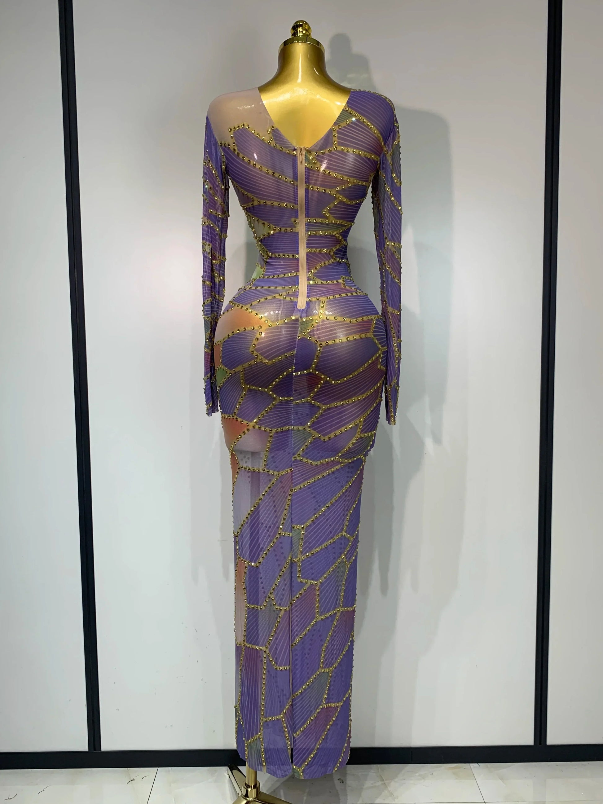 Sparkly Rhinestone Stretchy Mesh See Through Dress Women Performance Dancer Costume Luxury Birthday Nightclub Stage Outfit