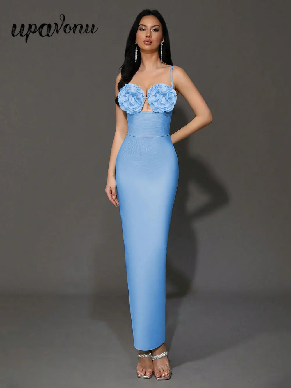 Sexy Women'S Light Luxury Flower Design Bandage Dress Spaghetti Strap Sleeveless Bodycon Backless Long Dresses Vestidos